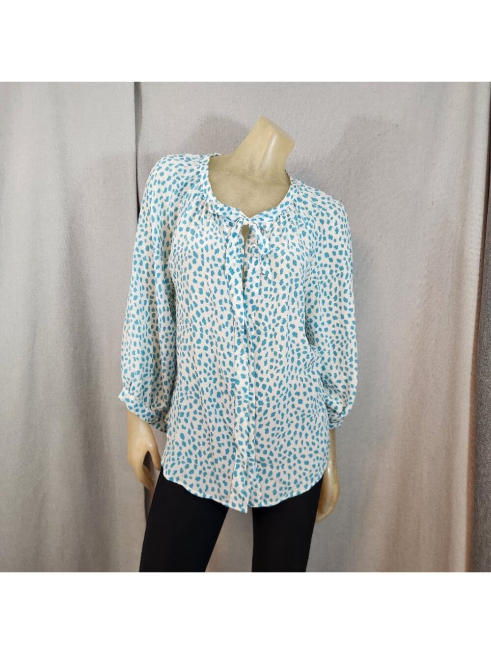 Jore White w Teal Blue Dots Tie Bow Neck Long Slv Blouse Shirt Top LARGE